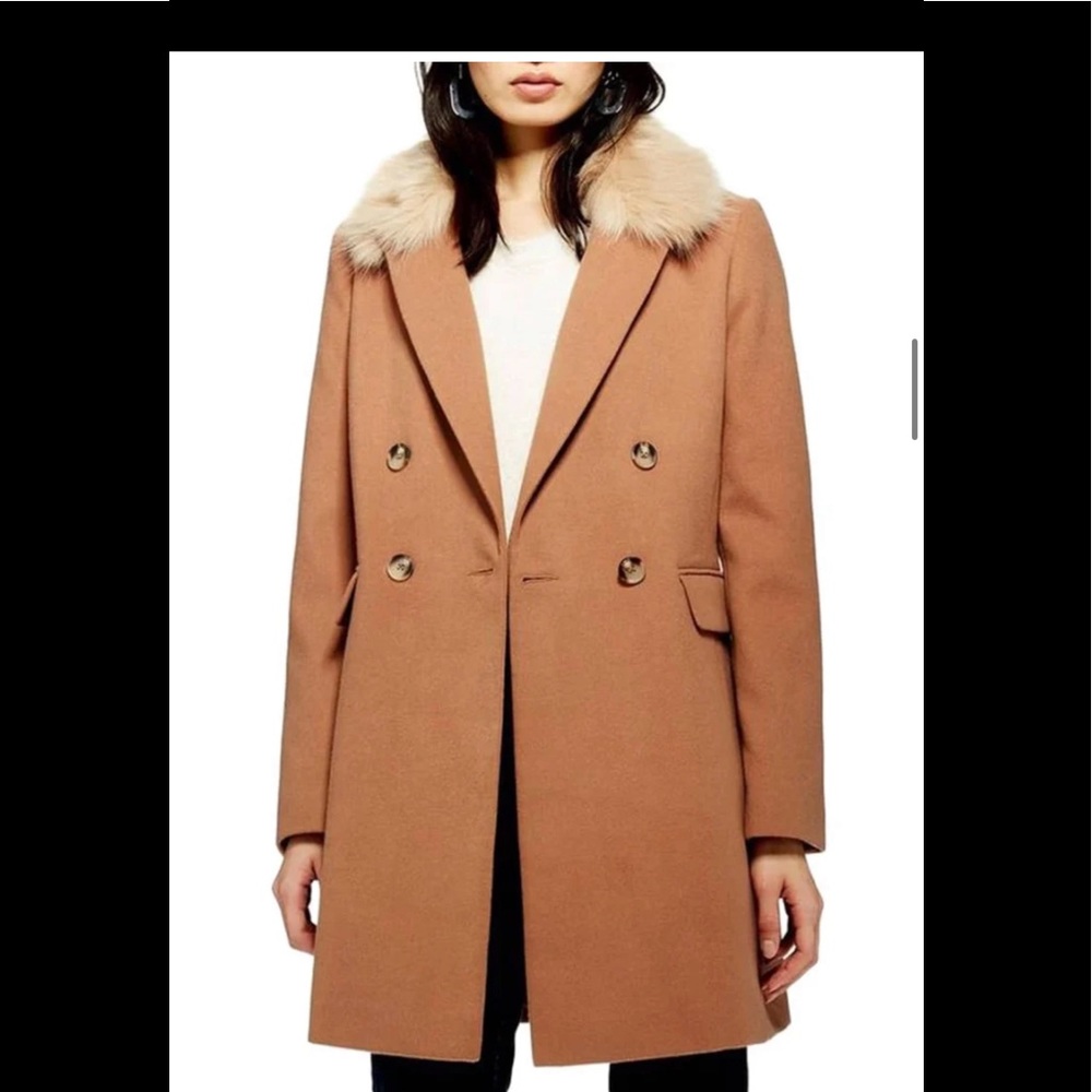 Topshop Camel Tan Naomi Coat Faux Fur Collar Long Pea Coat Women's